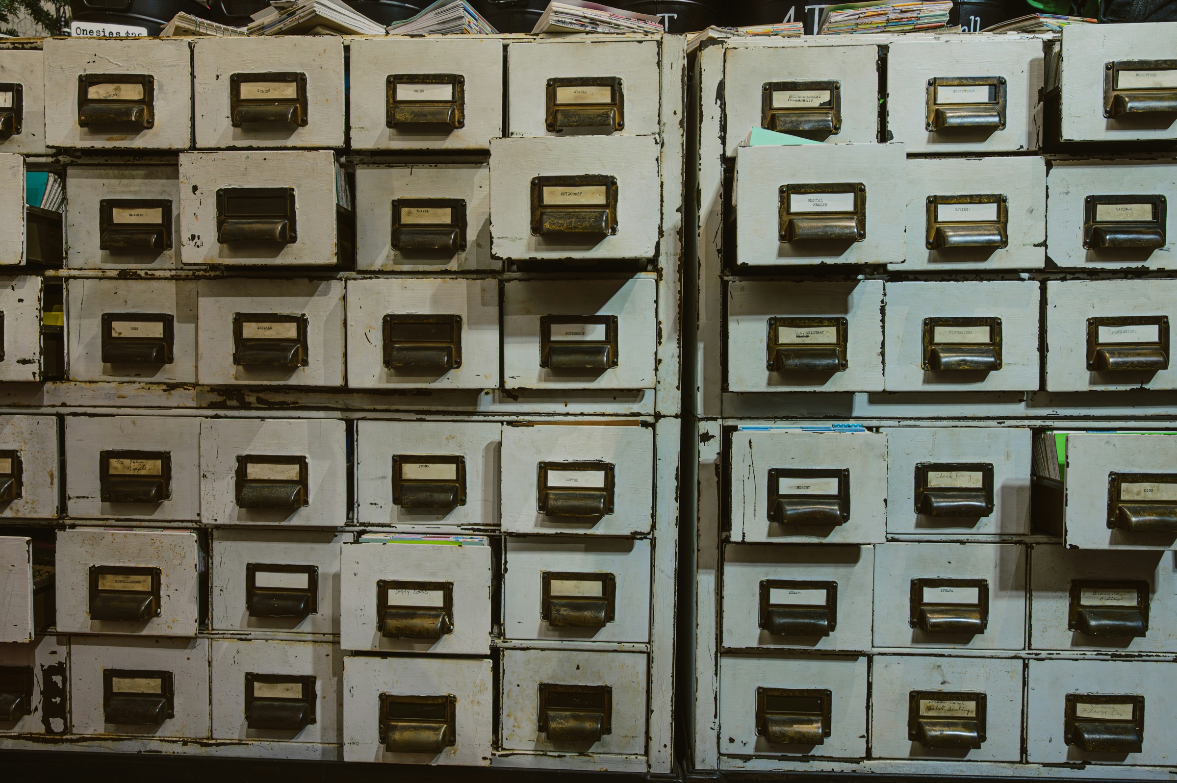 Rows of old labelled filing cabinets